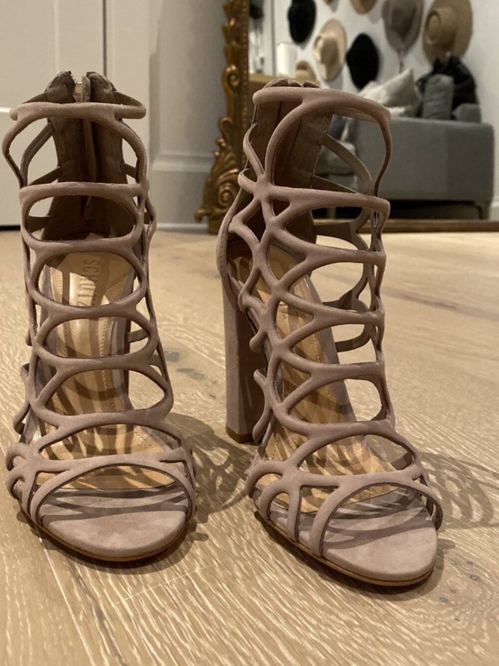 Schutz Caged Cutout Block Heel Sandals Taupe Nubuck